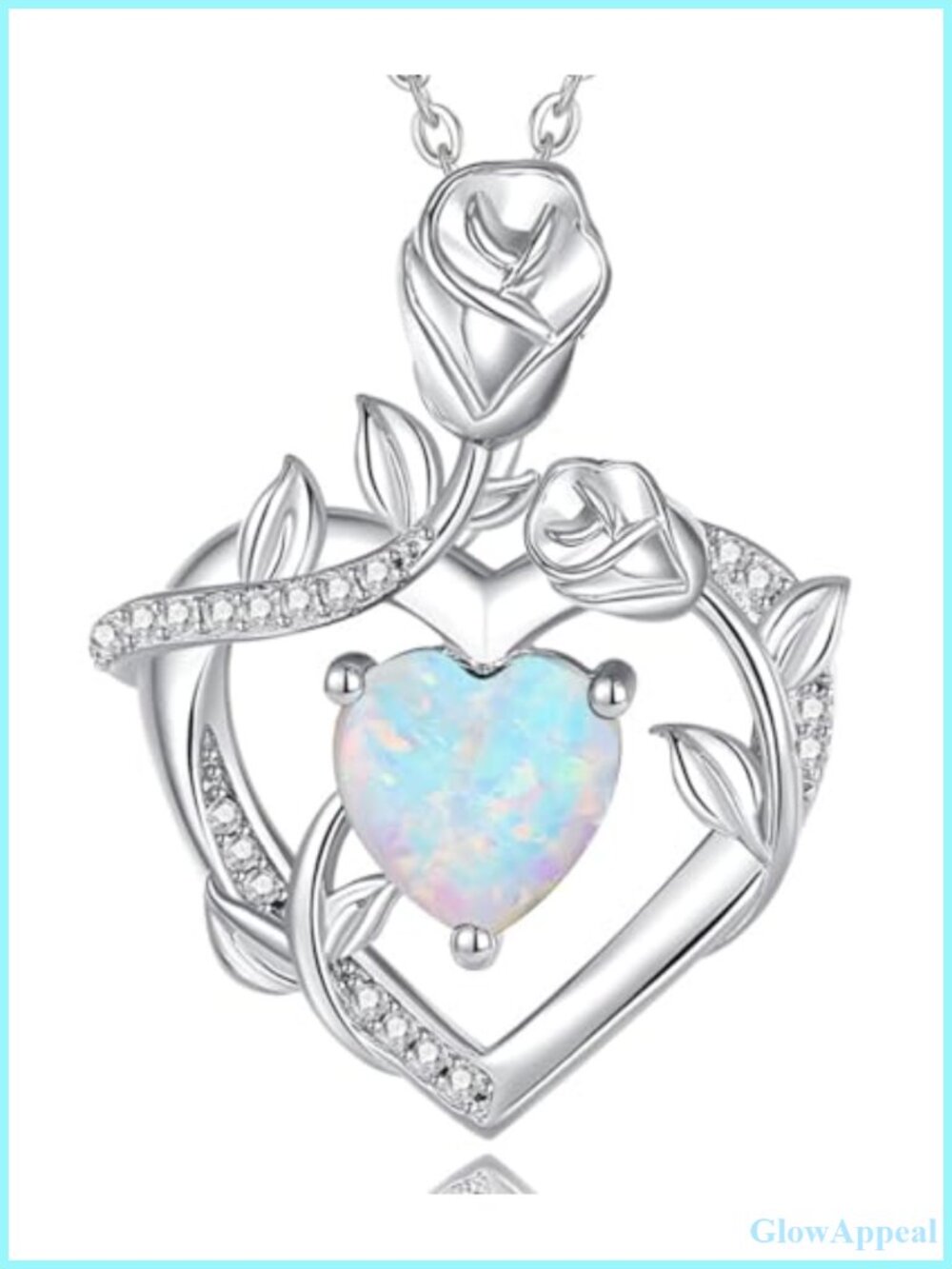 Sterling Silver Opal Heart Necklace Rose Flower Pendant 18+2 Inch